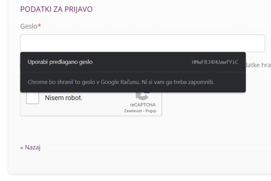 Google vam bo ponudil generacijo varnega gesla. Vir slike: posnetek zaslona.