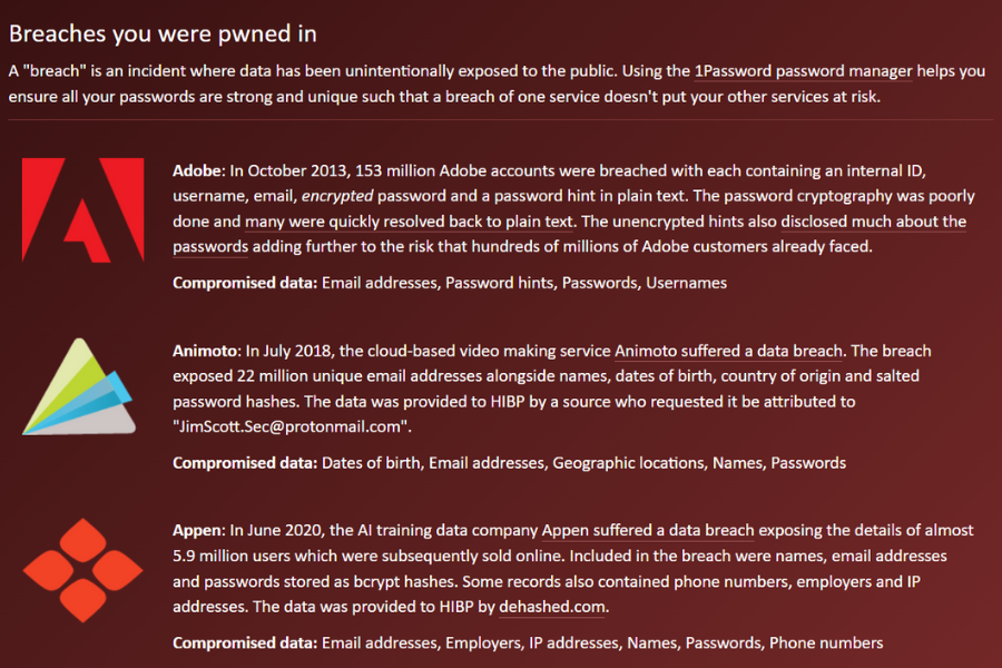 Have I been pawned poišče morebitne vdore ter njihove podrobnosti. Vir slike: posnetek zaslona.