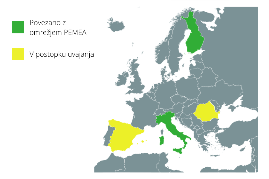 Zemljevid držav, v katerih je omrežje PEMEA že vzpostavljeno. Vir slike: PEMEA.