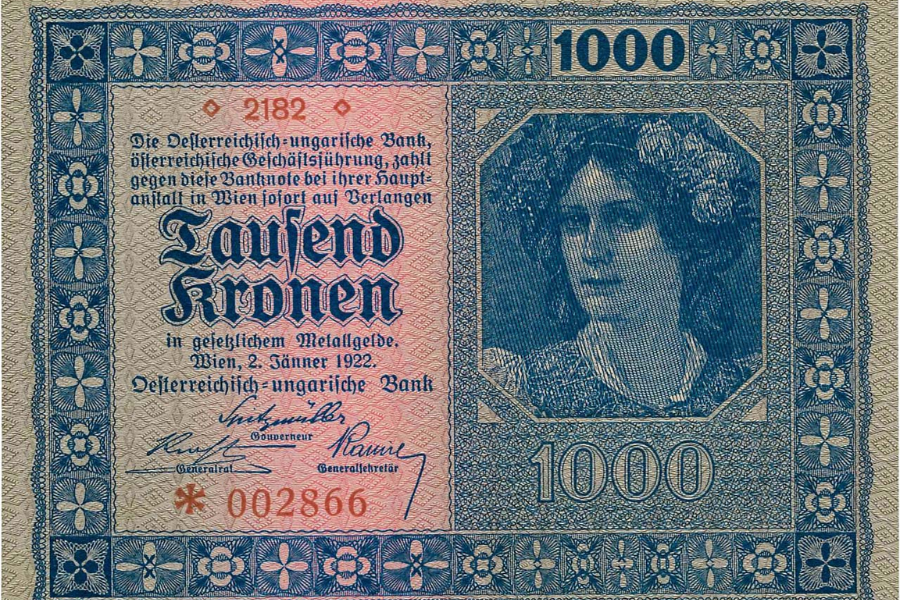 Avstrijska krona iz leta 1922. Vir slike: CGB Numismatics Paris.