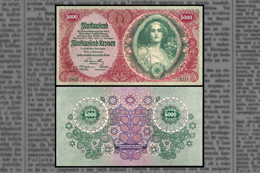 Slovenec je poročal o finančni krizi v Avstriji. Avstrijska krona iz leta 1922. Vir slike: Wikipedia.