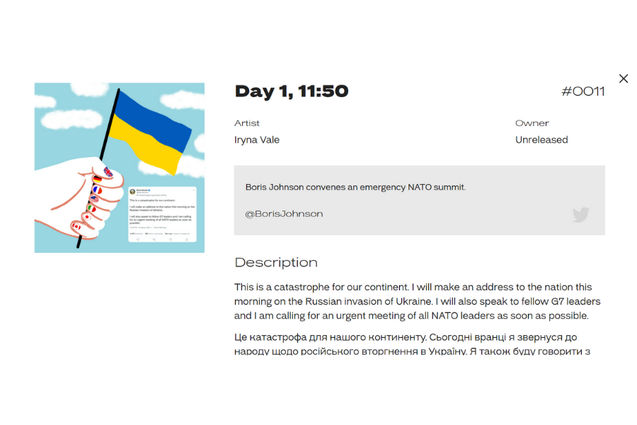 NFT, v katerem je predstavljen twit britanskega predsednika. vir slike: MetaHistory.