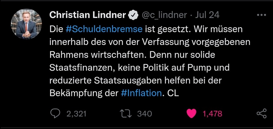 Zapis nemškega finančnega ministra Christiana Lindnerja na Twitterju. Vir slike: posnetek zaslona Twitter.