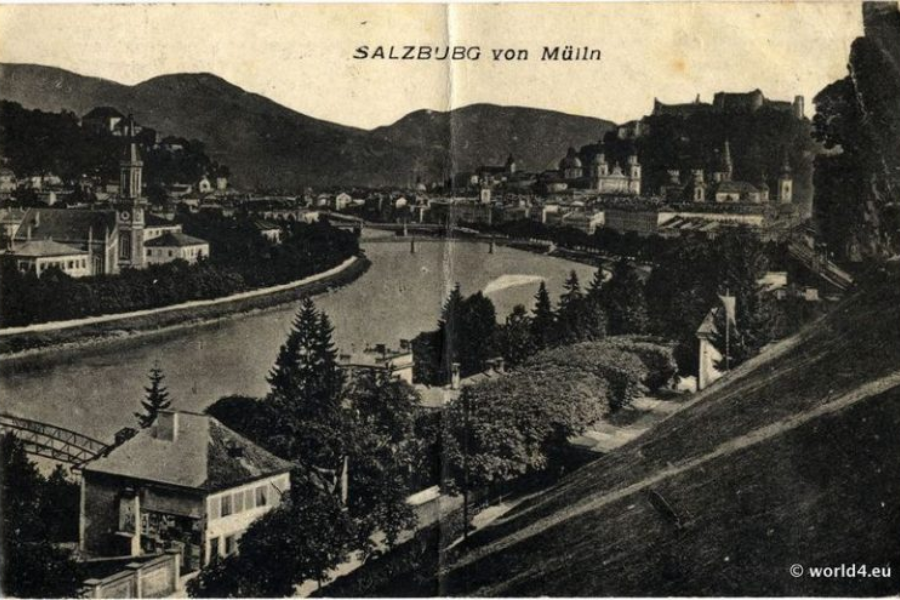 Razglednica, ki prikazuje pogled na Salzburg iz Müllna z reko in gradom. Vir slike: World4.