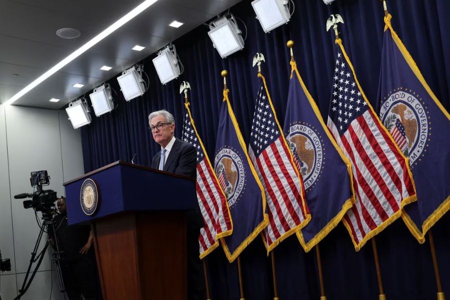 Predsednik ameriške centralne banke Jerome Powell na tiskovni konferenci. Vir slike: Reuters.