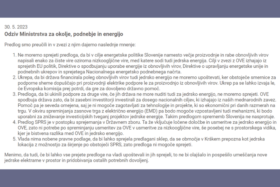 Odziv ministrstva na predlog za pospešen razvoj nizkoogljične energije. Vir slike: Posnetek zaslona.
