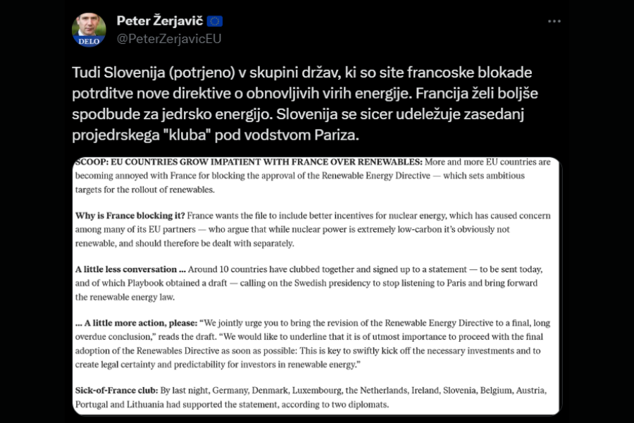 Jedrska, Twitter objava Petra Žerjavič o poročanju Politica glede nasprotovanja Franciji. Vir slike: Twitter, Peter Žerjavič.