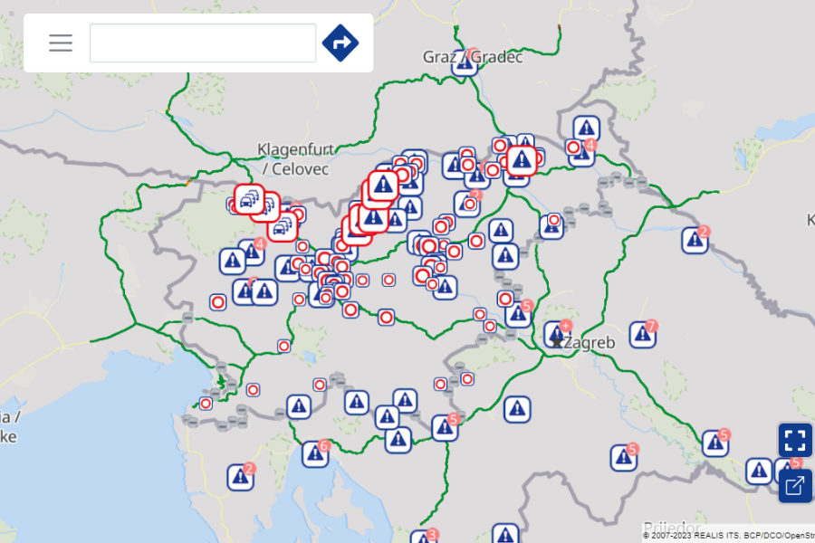 Google. Prikaz zemljevida zaprtih ali drugače omejenih cest po Sloveniji. Vir slike: Promet.si.
