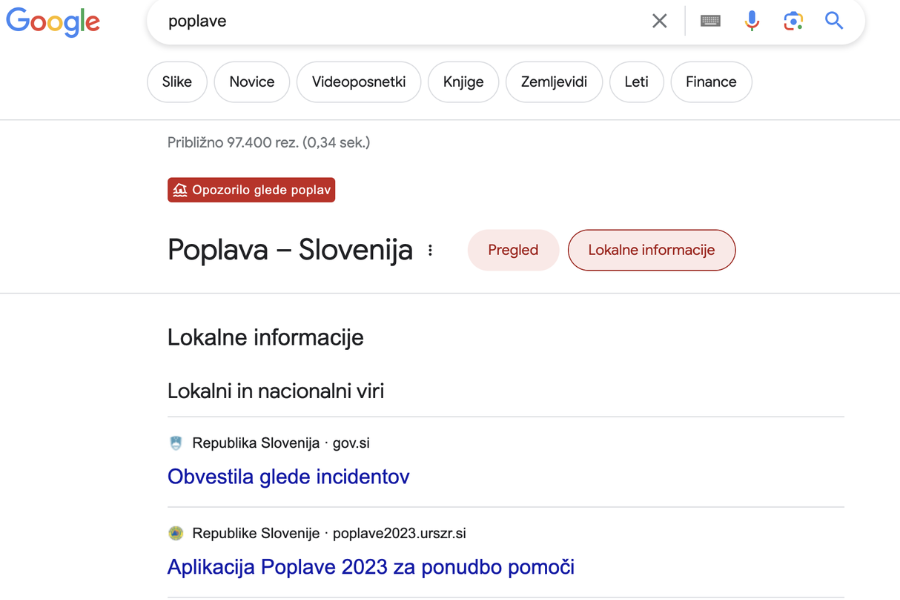 Google obvestilo o poplavah v Sloveniji. Vir slike: Ministrstvo za digitalno preobrazbo.