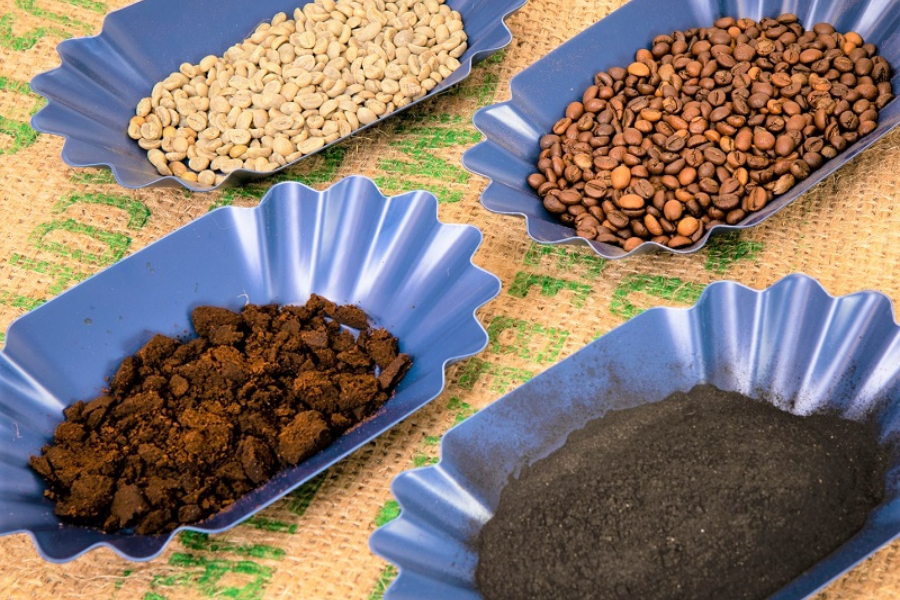 Kavne usedline bodo uporabili za proizvodnjo betona. Vzorci nepraženih kavnih zrn, praženih kavnih zrn, kavnih usedlin in kavnega biooglja. Vir slike: Univerza RMIT