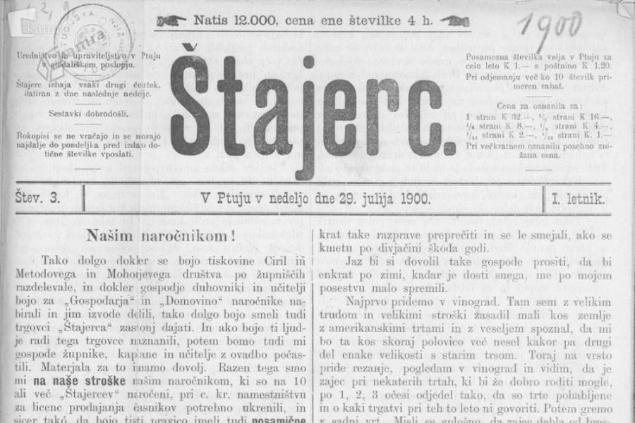 Časopis Štajerc, glasilo stranke Štajerc-Partei, je izhajal na Ptuju od 1900 do 1918. Vir slike: Kamra.