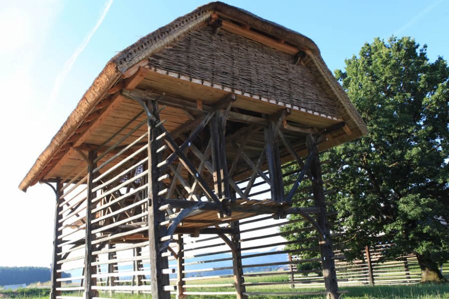 Kozolci. Lukatov toplar s Trstenika izvira iz leta 1795, postavljen je brez enega samega žeblja in ima še pleten zatrep. Vir slike: Dežela kozolcev.